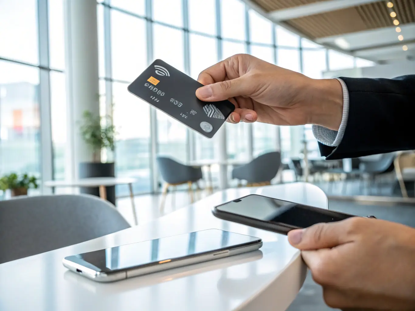 A close-up shot of a physical NFC card with the YLC.digital logo, demonstrating how it can be tapped against a smartphone to instantly share contact information.