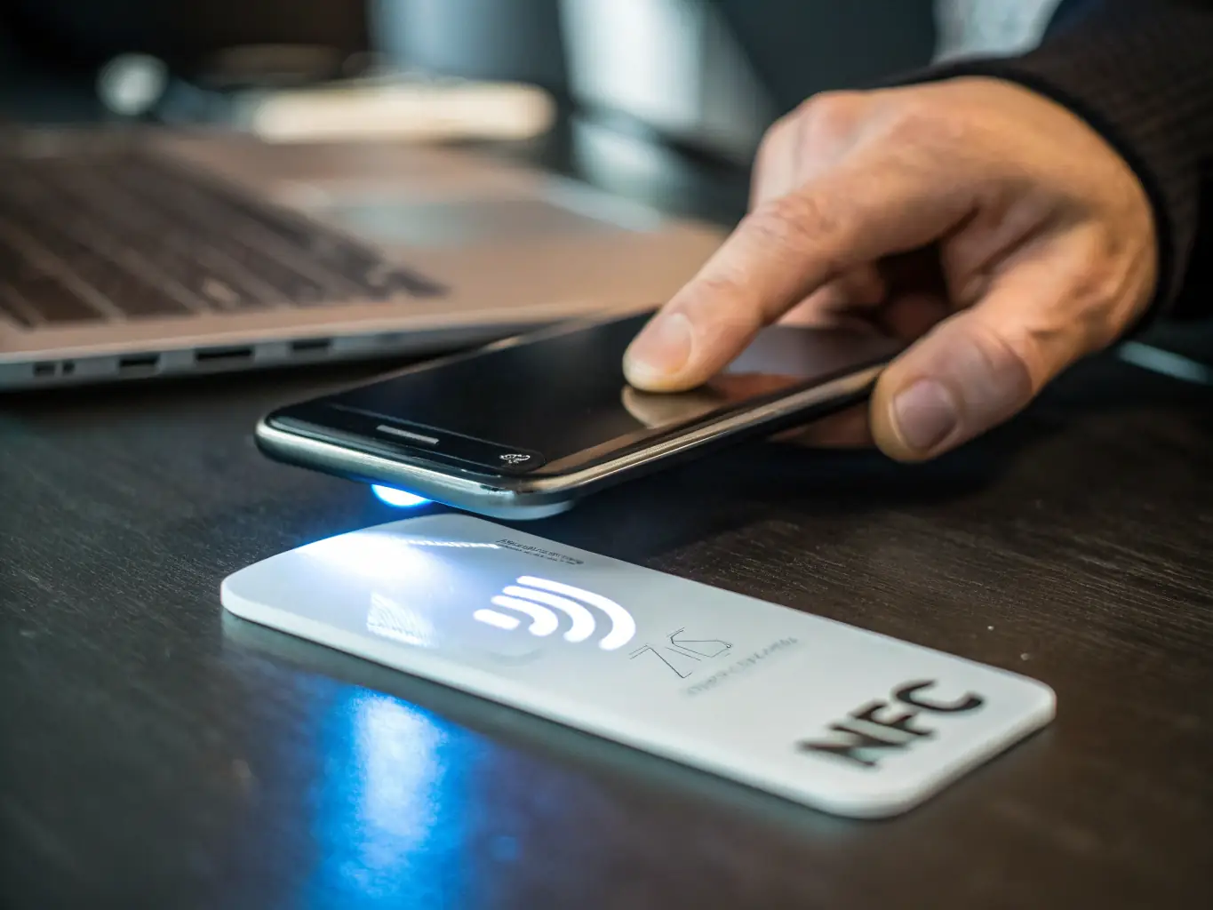 A close-up photo of a sleek, modern NFC card being tapped against a smartphone, instantly sharing contact information, emphasizing the convenience and tech-forward approach.