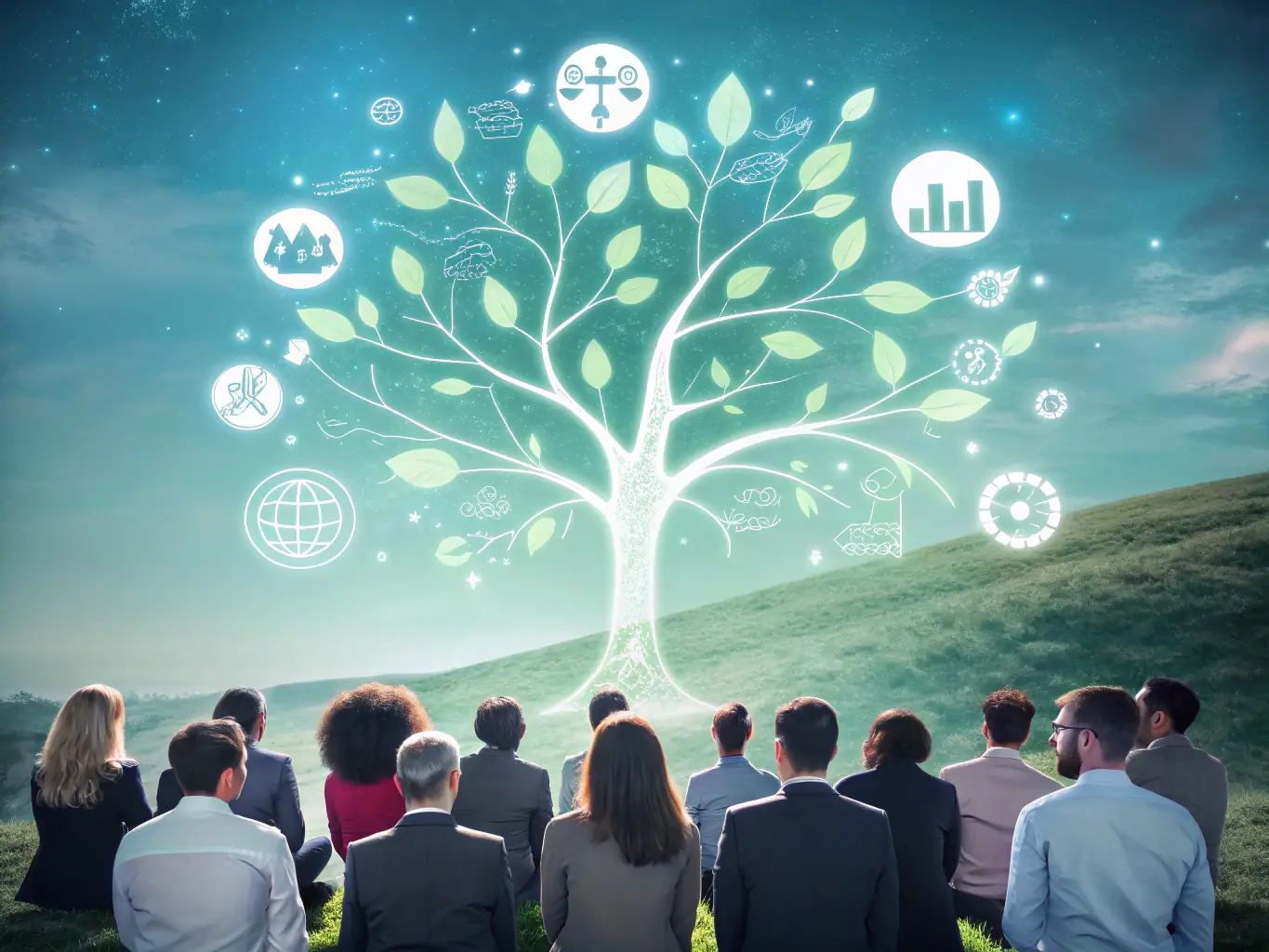 A digital illustration showcasing a company reducing paper waste by switching to digital business cards, emphasizing the environmental benefits.