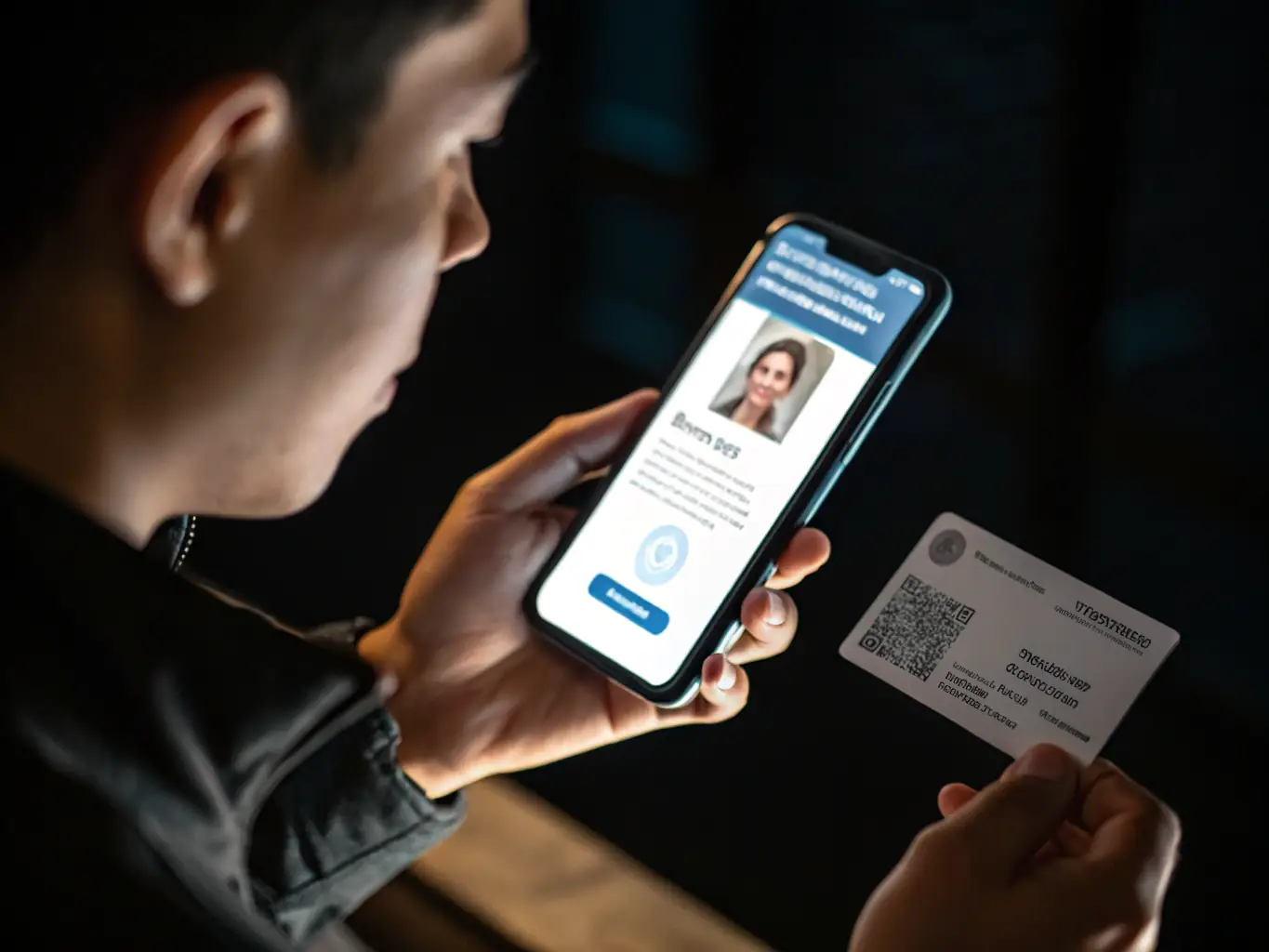 An image of a person holding a smartphone displaying a digital business card with various social media links and contact information, highlighting the ease of sharing on the go.